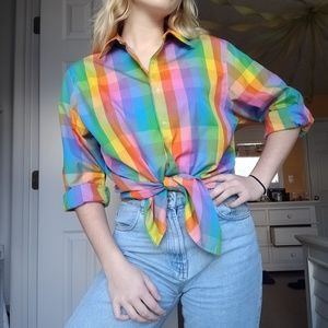 Rainbow plaid button-down